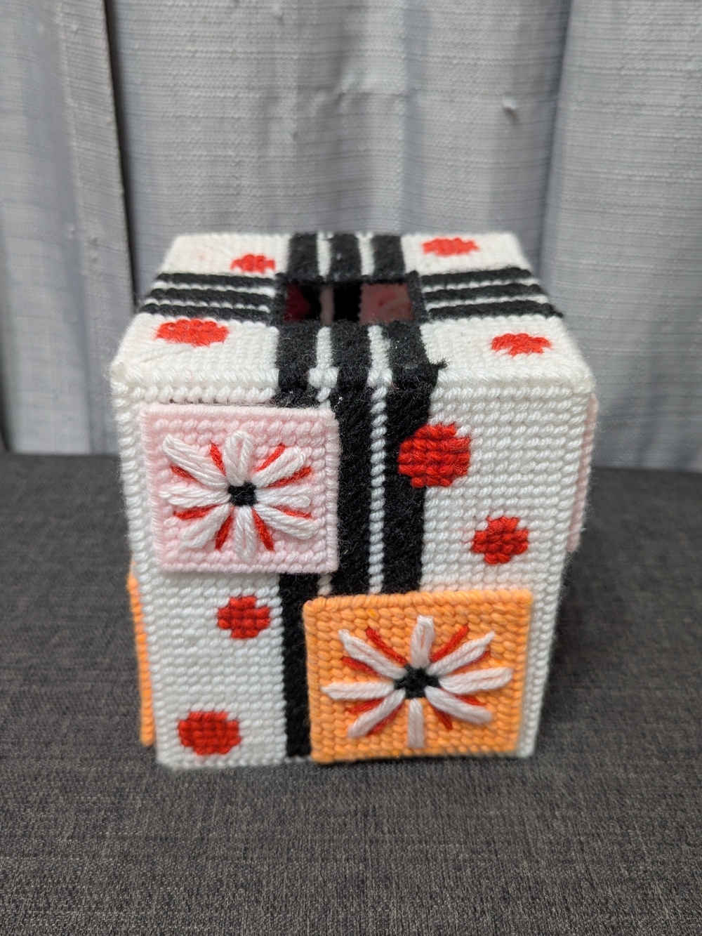 White Embroidered Cube Tissue Box Cover with Orange and Pink Accents